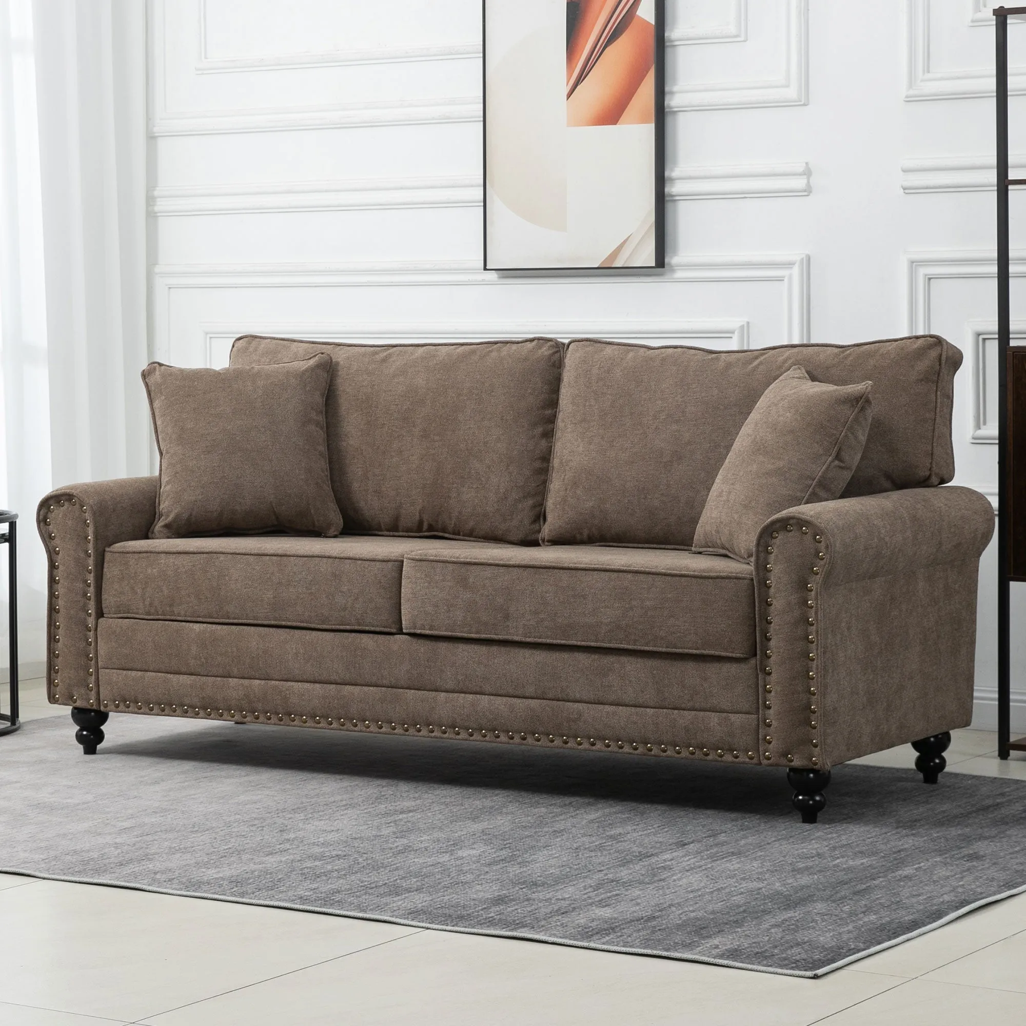 2 Seater Sofas for Living Room Fabric Sofa with Nailhead Trim Loveseat with Cushions and Throw Pillows Brown