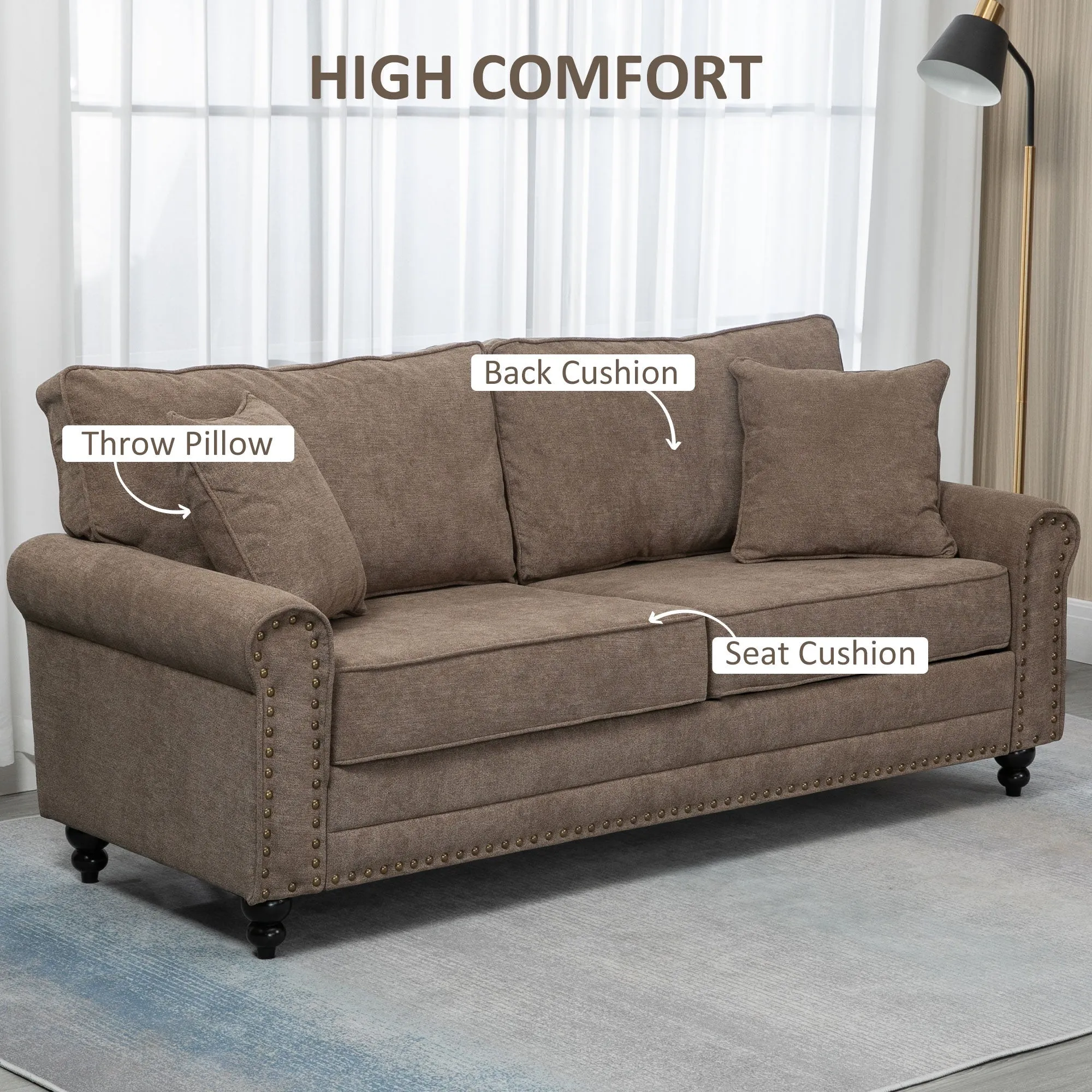 2 Seater Sofas for Living Room Fabric Sofa with Nailhead Trim Loveseat with Cushions and Throw Pillows Brown