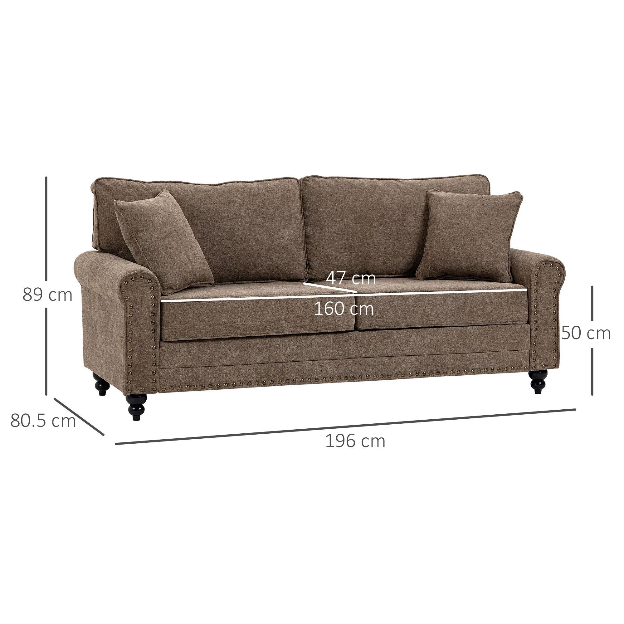 2 Seater Sofas for Living Room Fabric Sofa with Nailhead Trim Loveseat with Cushions and Throw Pillows Brown