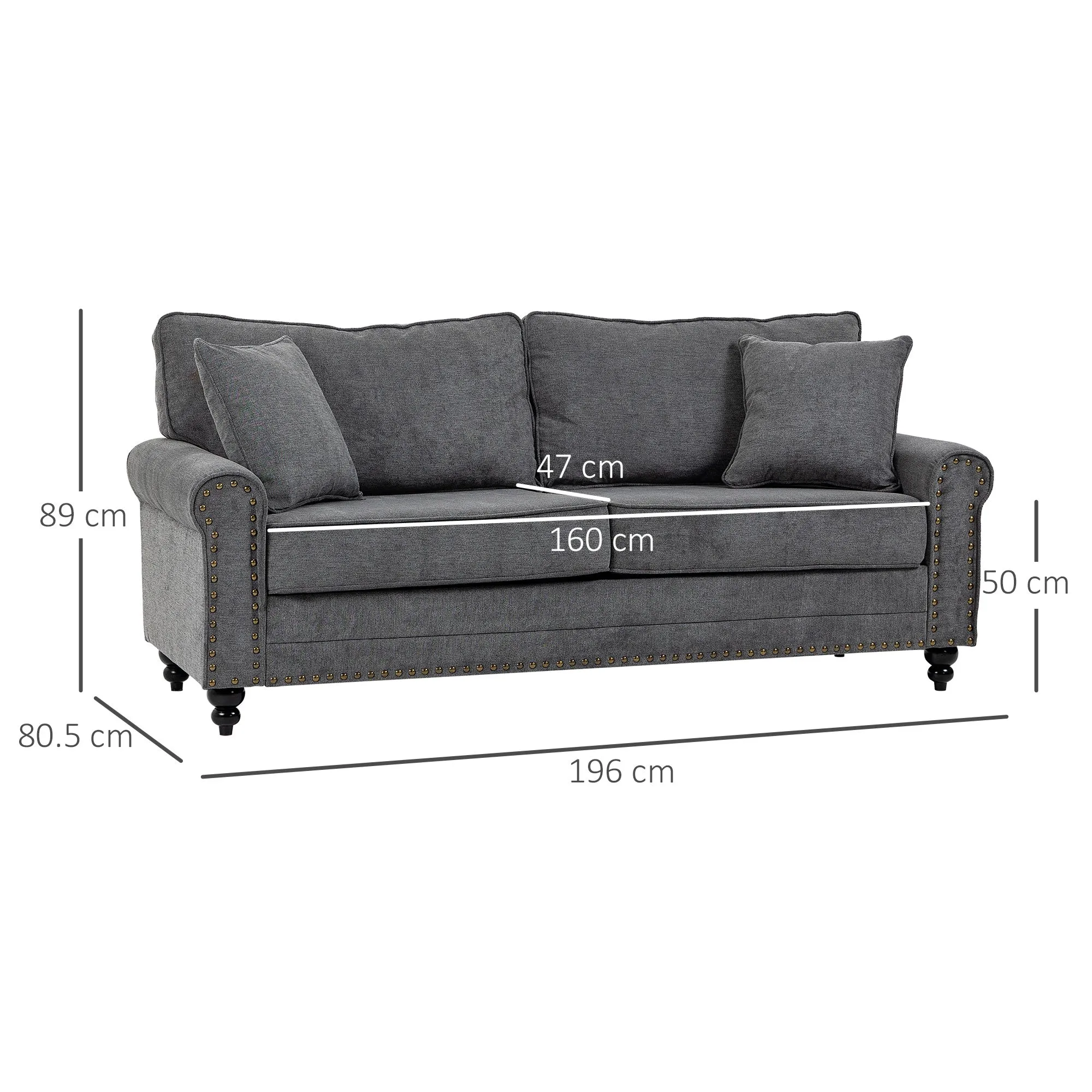 2 Seater Sofas for Living Room Fabric Sofa with Nailhead Trim Loveseat with Cushions and Throw Pillows Grey