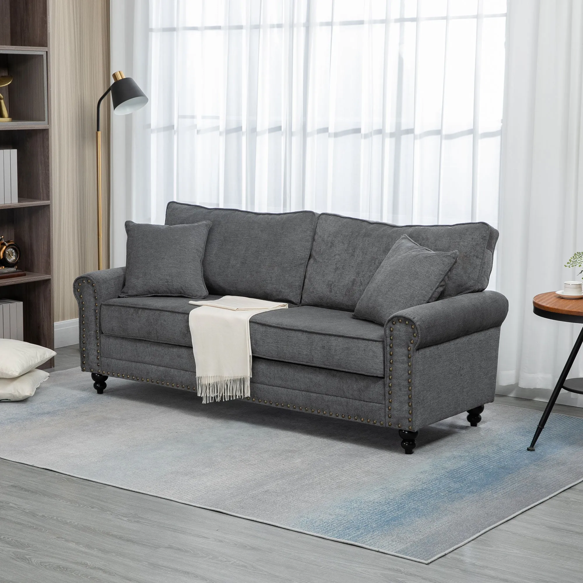 2 Seater Sofas for Living Room Fabric Sofa with Nailhead Trim Loveseat with Cushions and Throw Pillows Grey