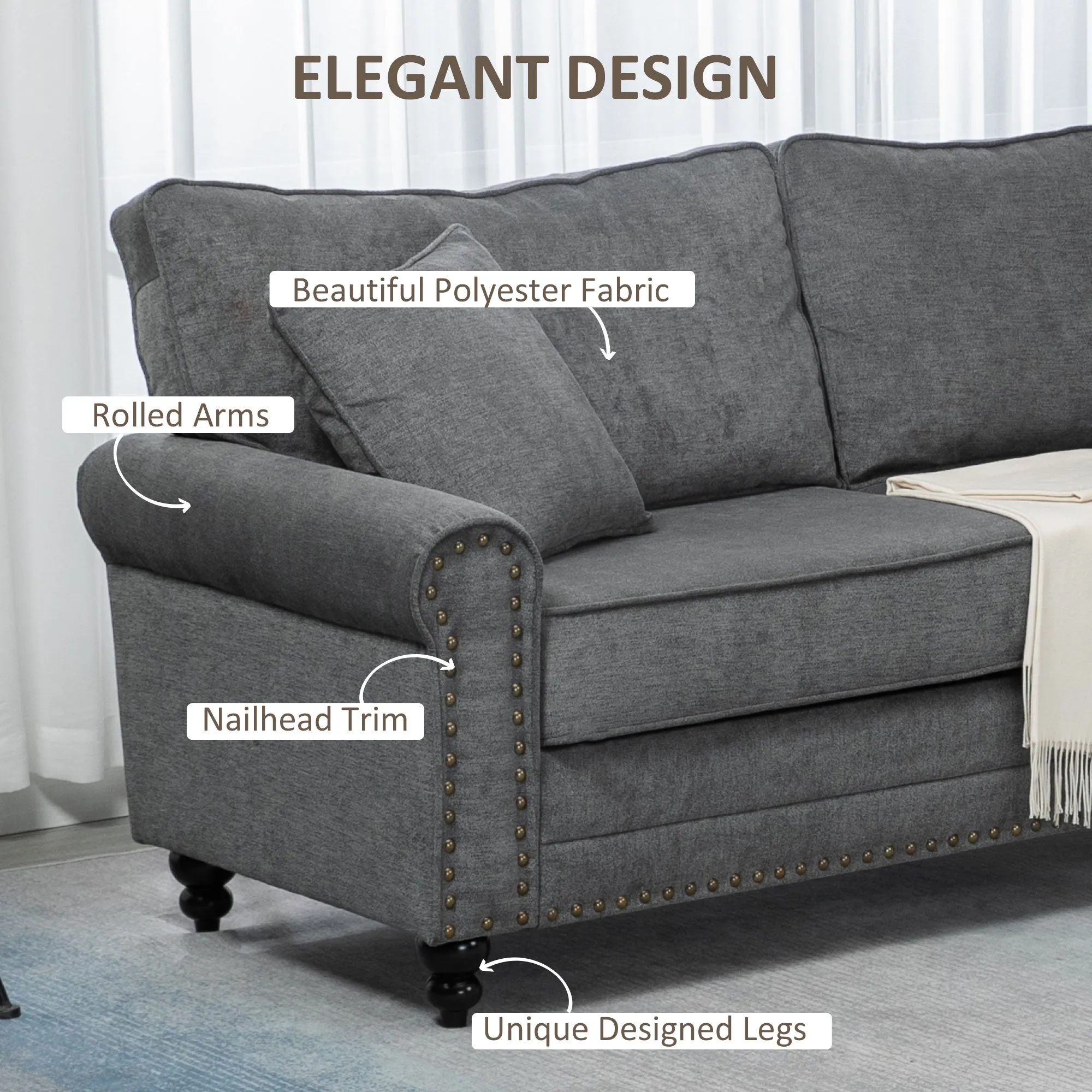 2 Seater Sofas for Living Room Fabric Sofa with Nailhead Trim Loveseat with Cushions and Throw Pillows Grey