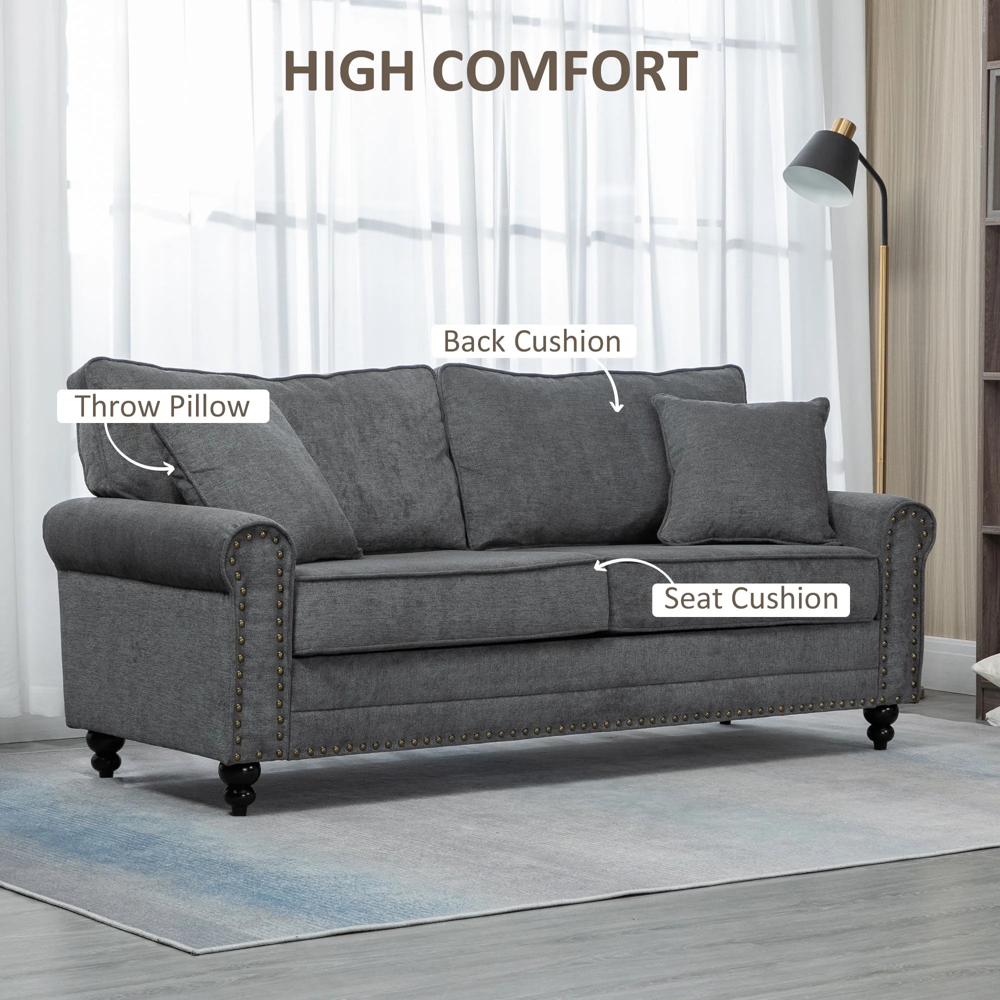 2 Seater Sofas for Living Room Fabric Sofa with Nailhead Trim Loveseat with Cushions and Throw Pillows Grey