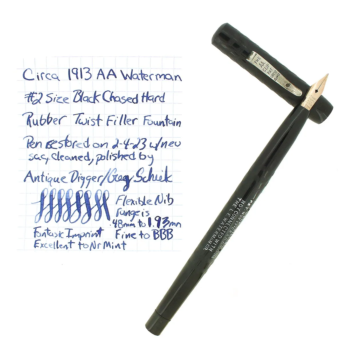C1913 AA WATERMAN #2 SIZE BLACK CHASED HARD RUBBER TWISTFILLER 1.93MM FLEX NIB FOUNTAIN PEN