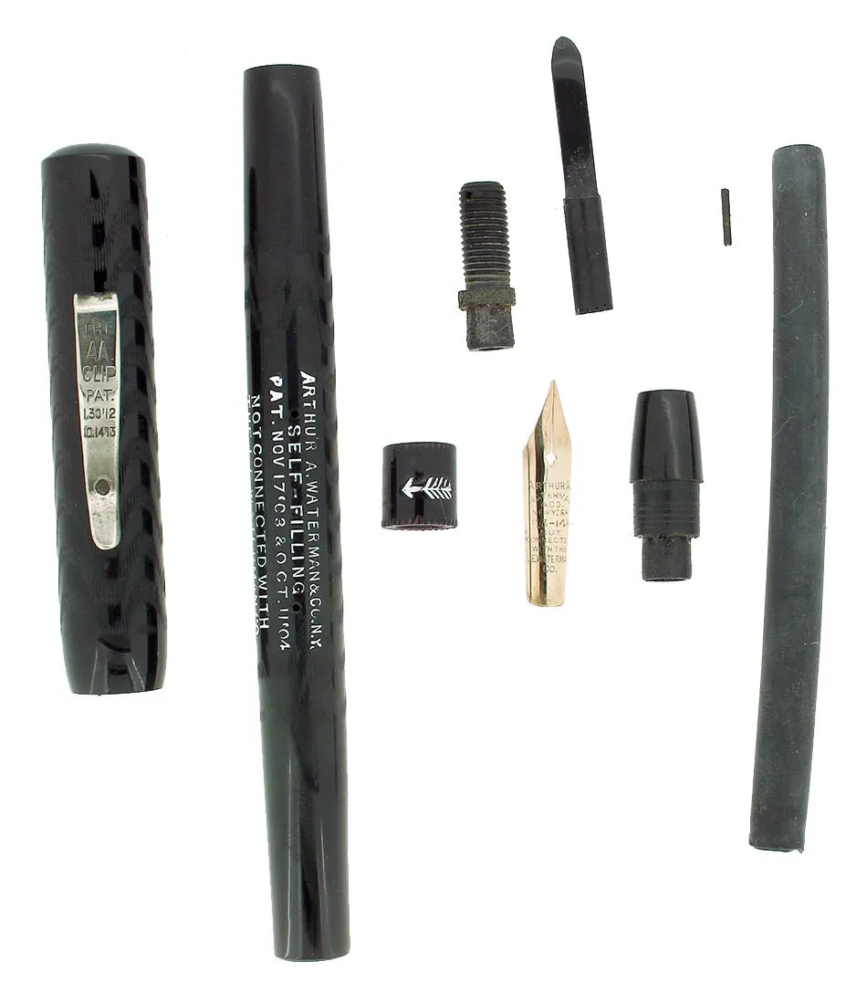 C1913 AA WATERMAN #2 SIZE BLACK CHASED HARD RUBBER TWISTFILLER 1.93MM FLEX NIB FOUNTAIN PEN