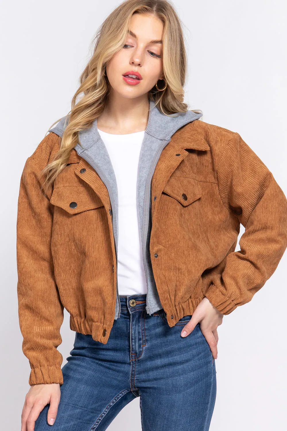 Cozy Long Sleeve Corduroy Hoodie Jacket
