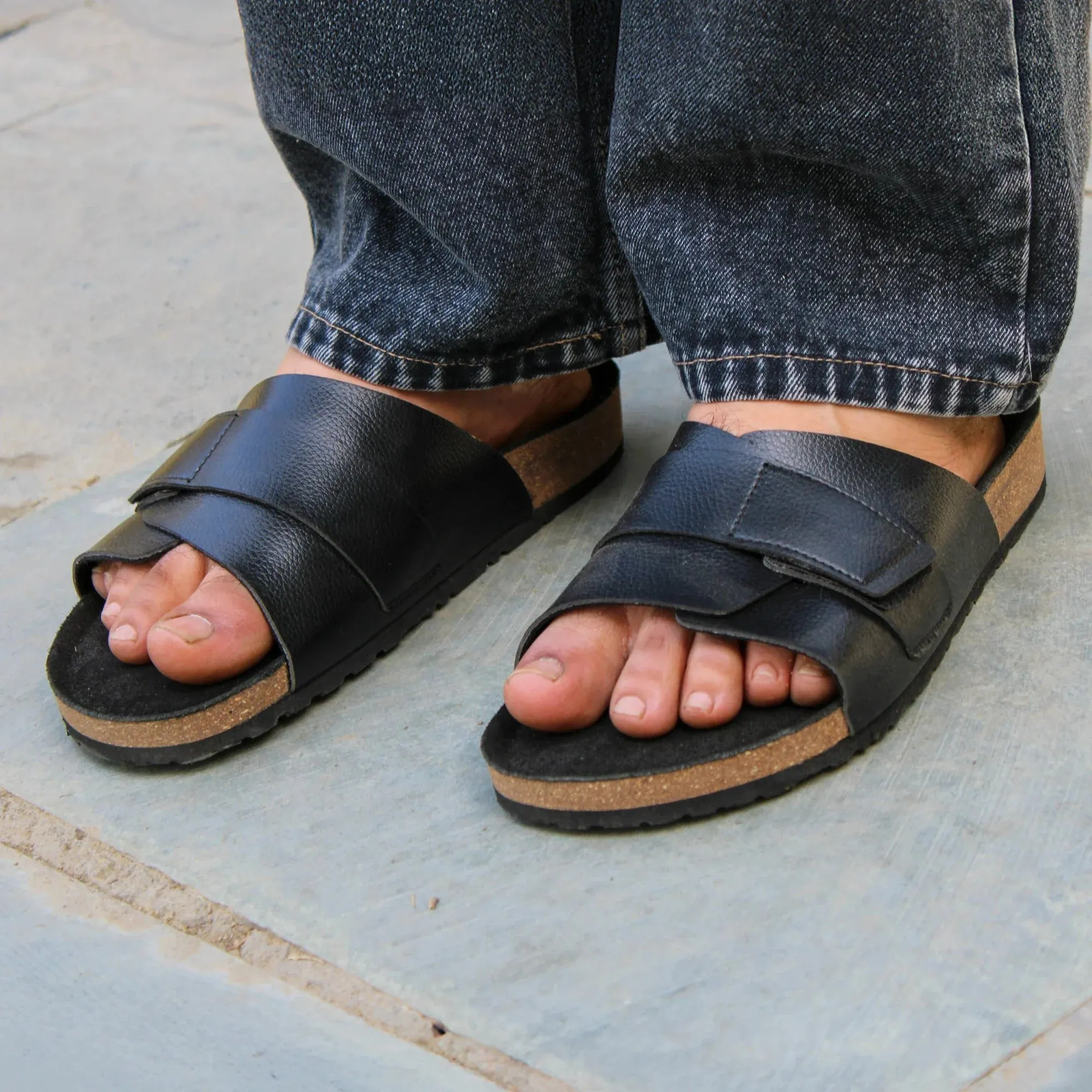 Double Layered Cork Black Leather Sandals for Men 2.0