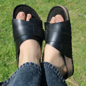 Double Layered Cork Black Leather Sandals for Men 2.0