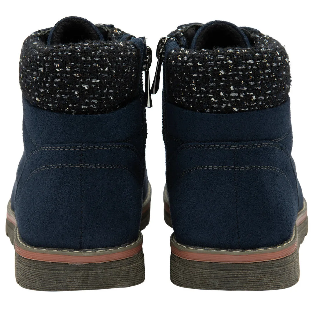Lotus Drew Ladies Navy Textile Zip & Lace Ankle Boots