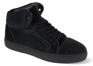 Mens All Black Velvet High-Top Sneakers Shiny Glitzy Rhinestones AM FLASH