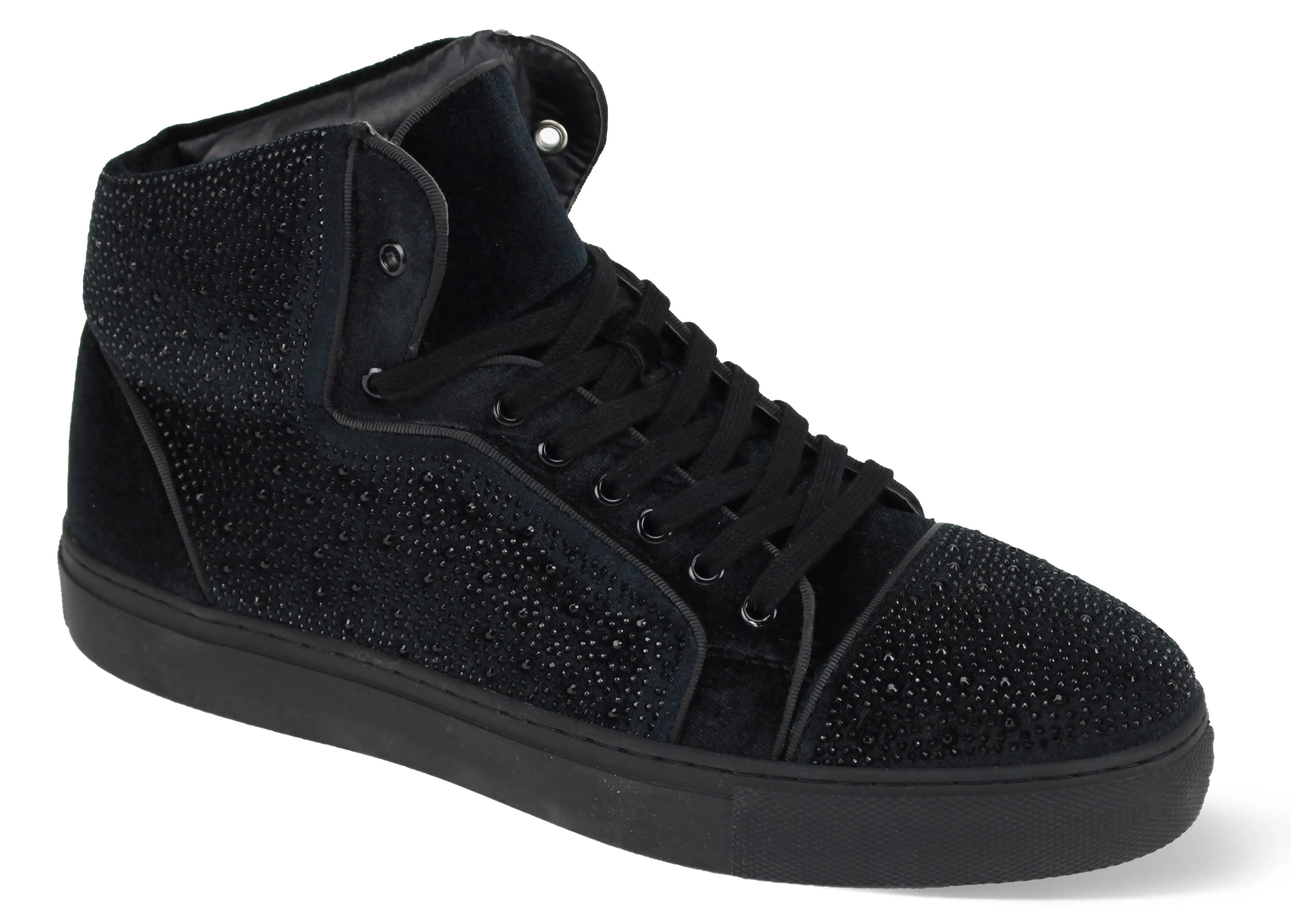 Mens All Black Velvet High-Top Sneakers Shiny Glitzy Rhinestones AM FLASH