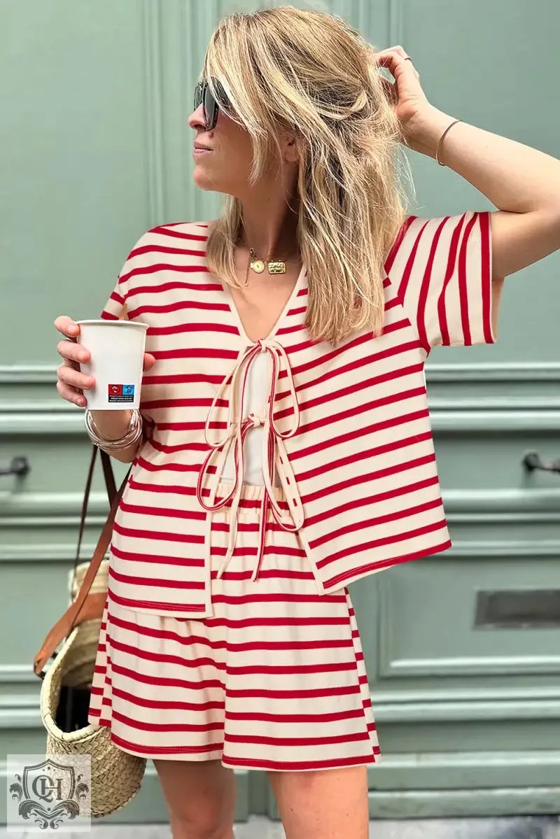 Red Stripe Lace-up Front Top and High Waist Shorts Set