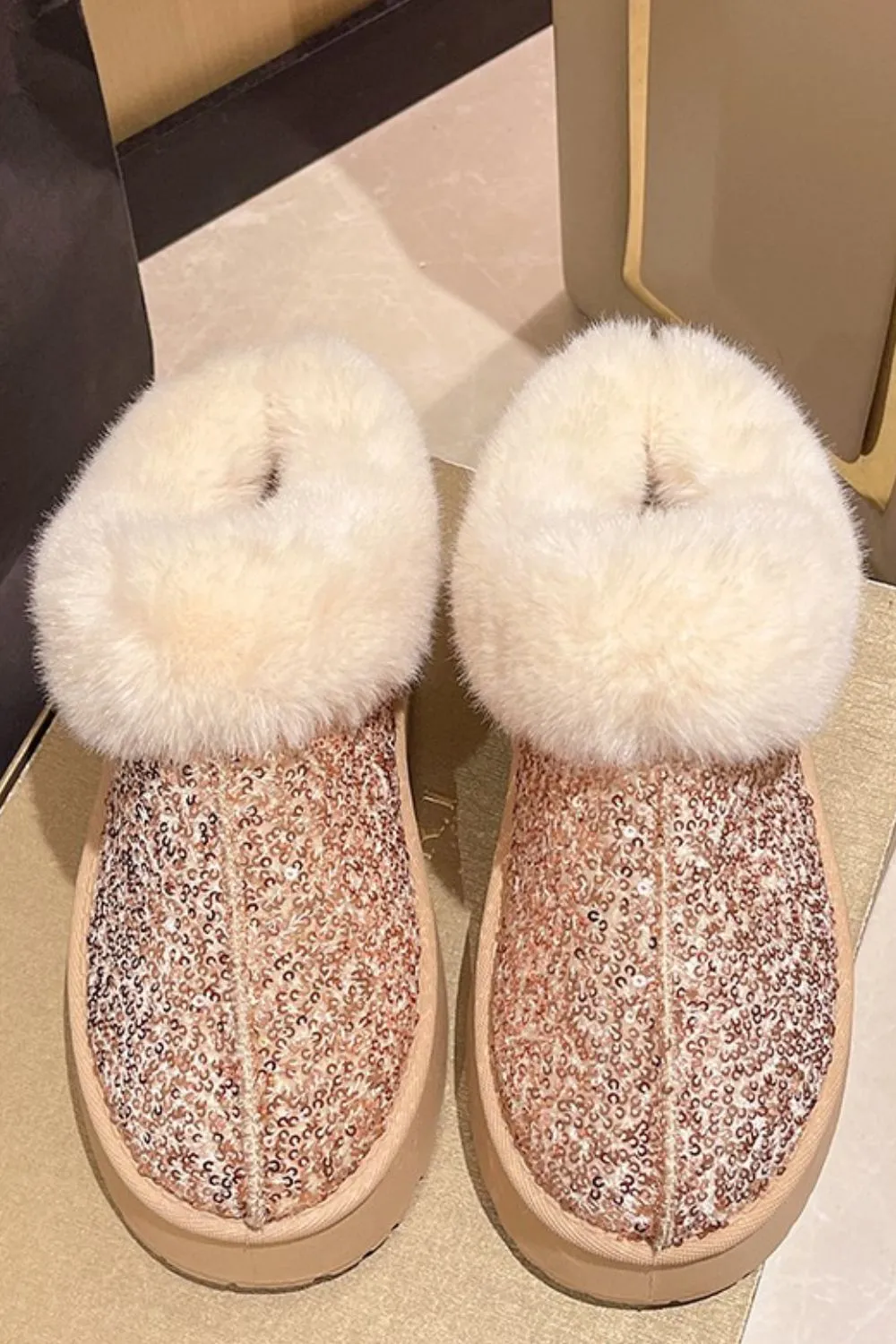 Sequin Fur Trim Platform Boots