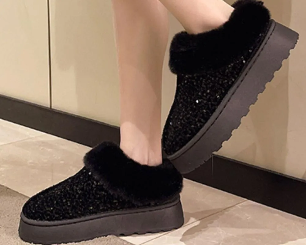 Sequin Fur Trim Platform Boots
