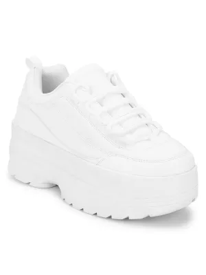 White PU Cleated Bottom Flatform Lace-Up Sneakers White PU Cleated Bottom Flatform Lace-Up Sneakers