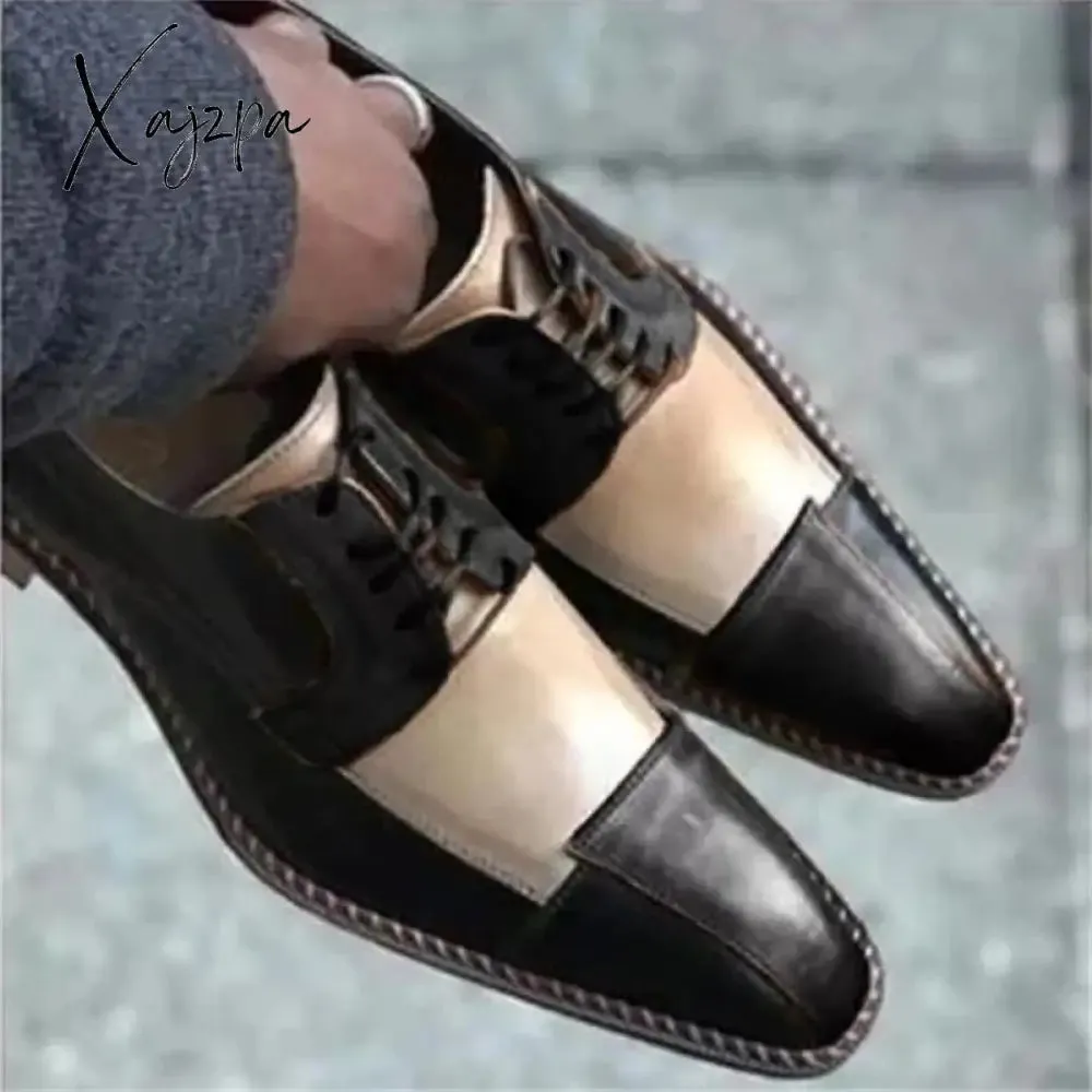 Xajzpa - Fashion Personality Derby Shoes Men Shoes Business Casual Wedding Daily Wild Square Head PU Color Matching Lace-up Dress Shoes