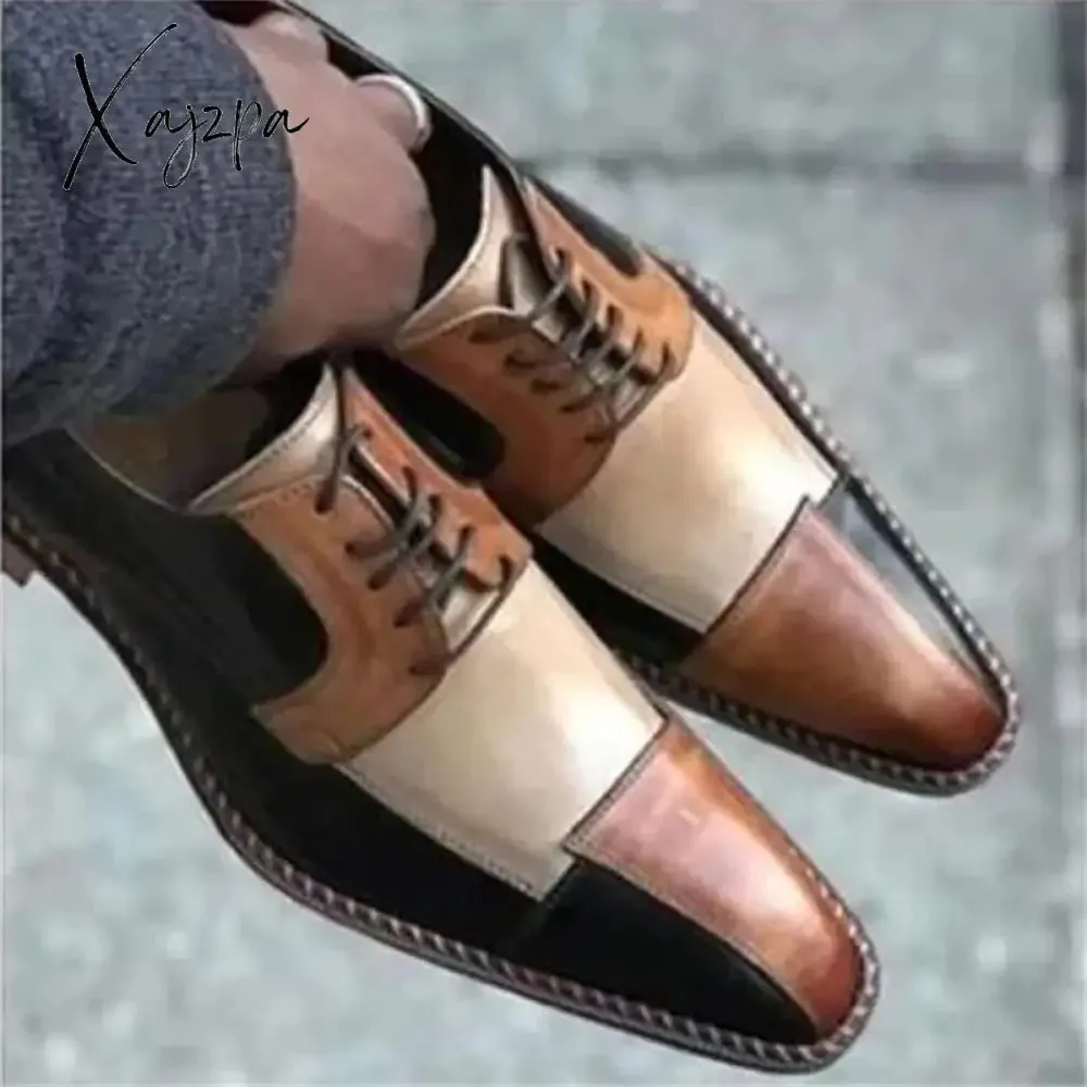Xajzpa - Fashion Personality Derby Shoes Men Shoes Business Casual Wedding Daily Wild Square Head PU Color Matching Lace-up Dress Shoes